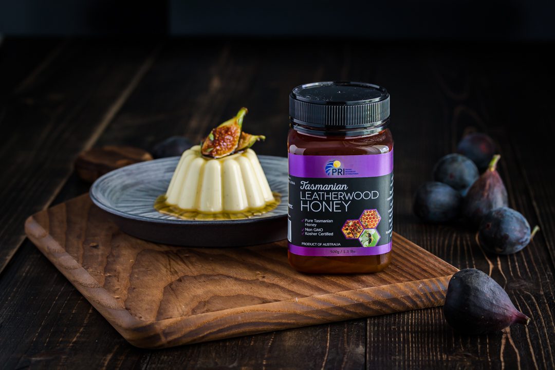 panna cotta topped with fresh fig for honey styled product photo by Carlos Leo
