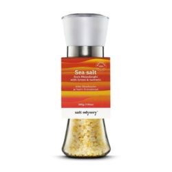 product photo of Greek Sea Salt with Turmeric and Lemon from Salt Odyssey glass jar with ceramic mill