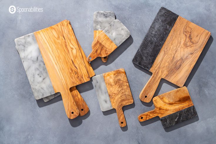 hybrid wood and marble charcuterie boards in various sizes
