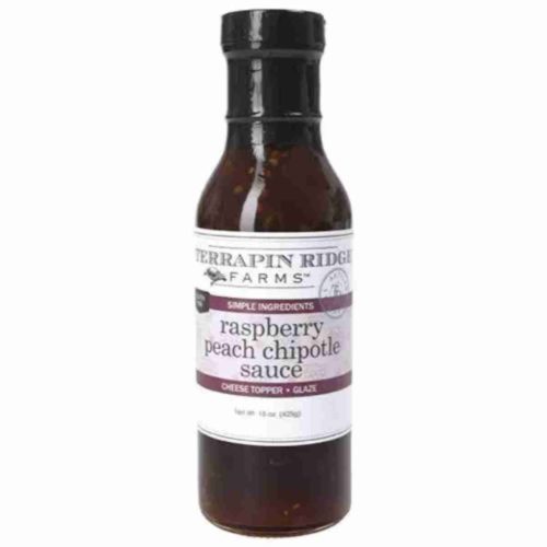 a bottle of RASPBERRY PEACH CHIPOTLE SAUCE by Terrapin Ridge available at SPOONABILITIES