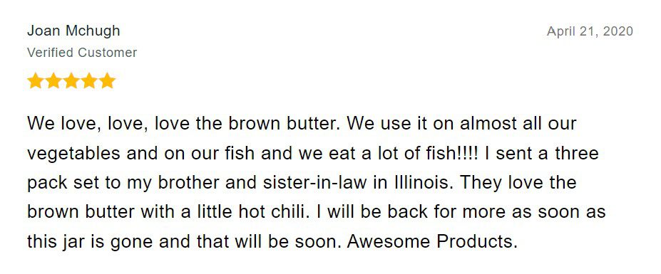 Brown butter testimonial from Joan Mchugh