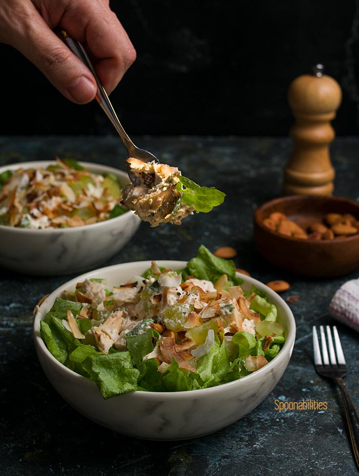 Photo of Rotisserie Chicken Salad in a bowl and a hand holding a fork with salad.