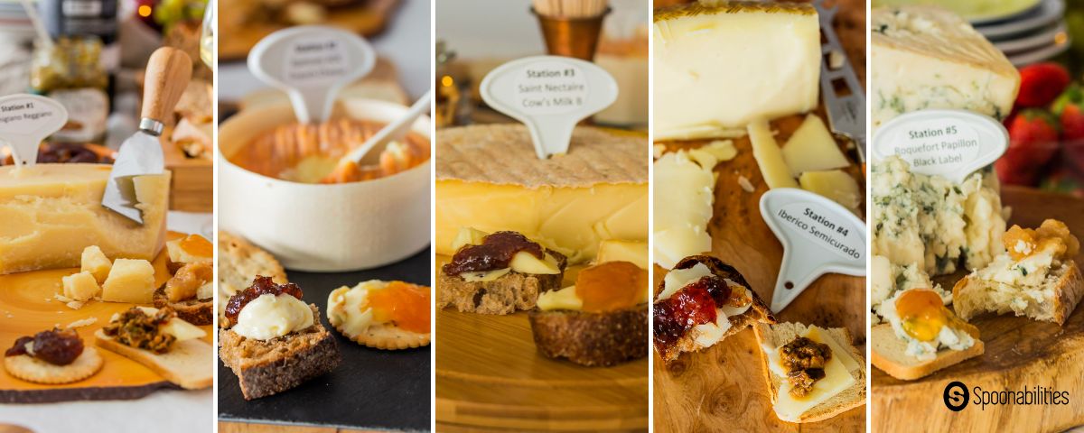 Assorted servings of cheese on breads with jams, spreads and tapenades