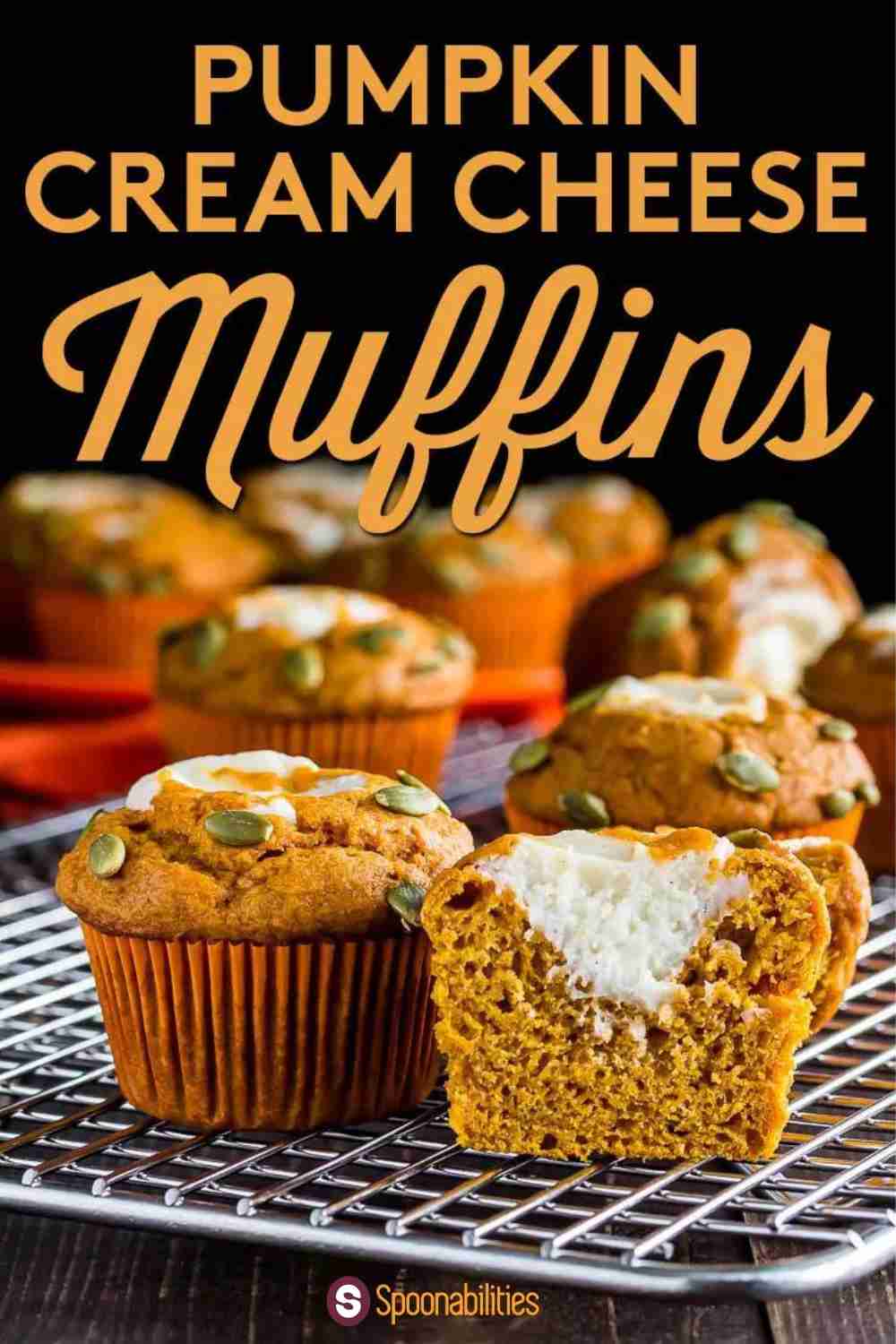 Freshly baked pumpkin muffins with cream cheese filling