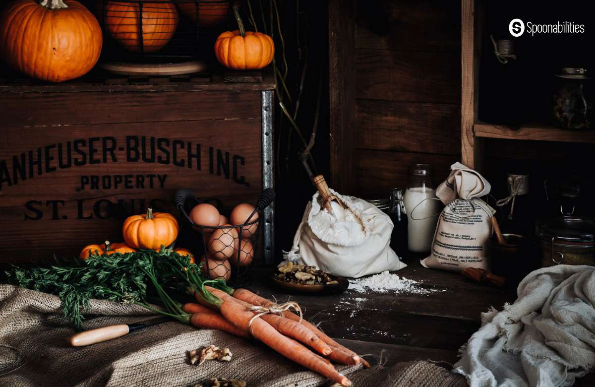 Backdrop of photoshoot for pumpkin carrot bundt cake with rustic theme