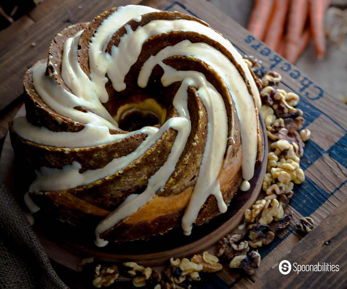 Pumpkin carrot bundt cake on an old checkerboard