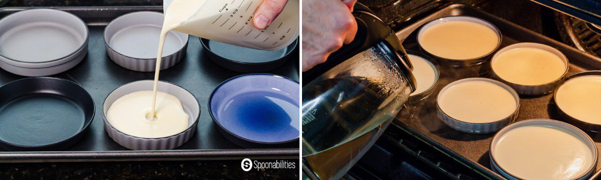 Filling ramekins with cremee brulee mixture and pouring hot water in the tray for the bain marie of the chestnut creme brulee