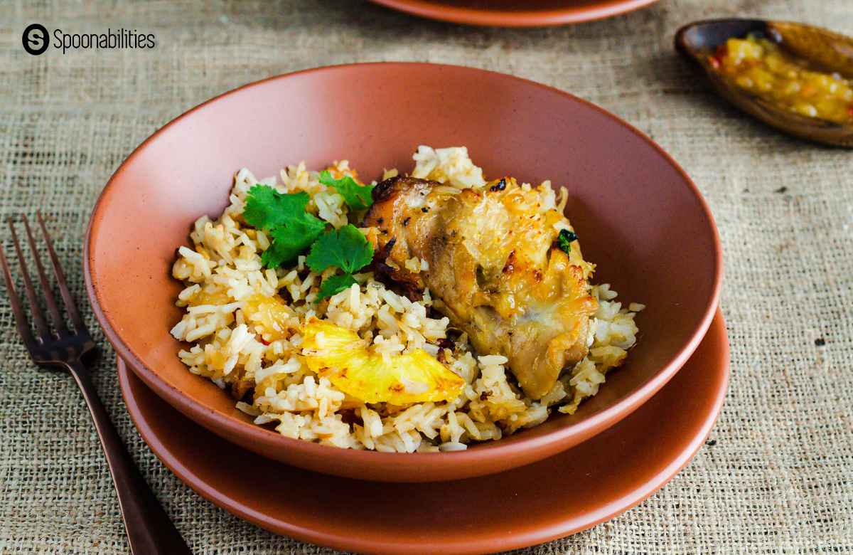 Plated Chicken and Rice in Roasted Pineapple Habanero sauce