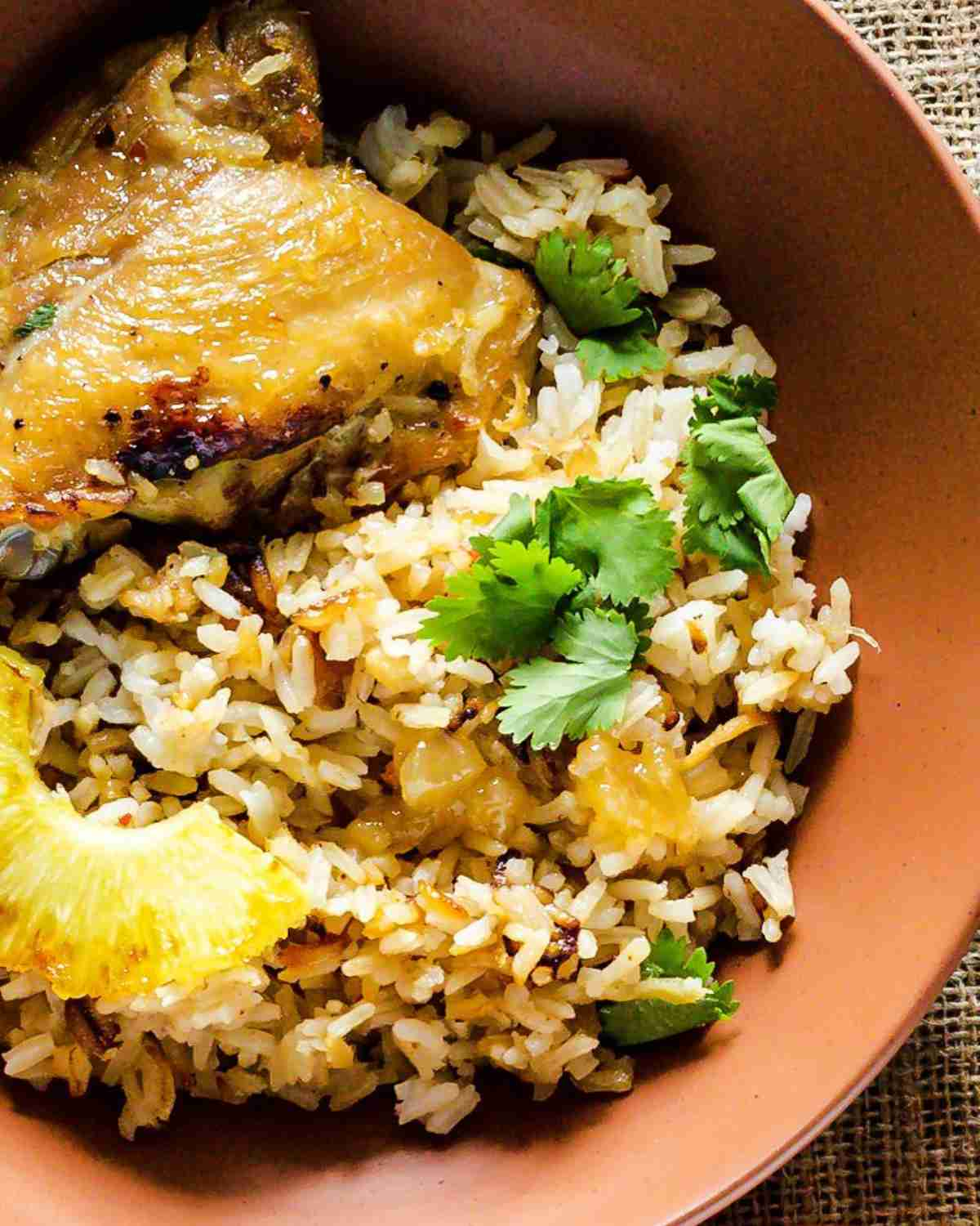 Close up of a plate of chicken and rice casserole