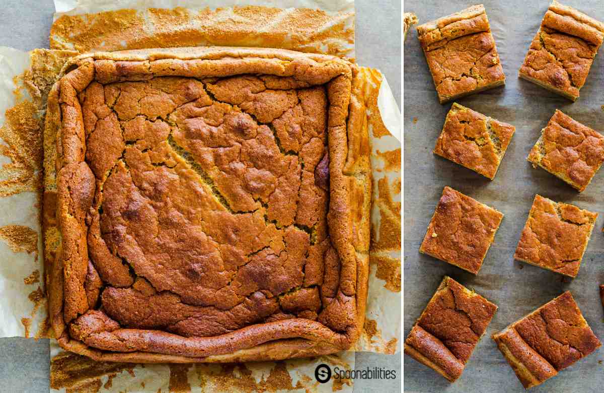 Freshly-Baked Pumpkin Magic Cake cut into squares