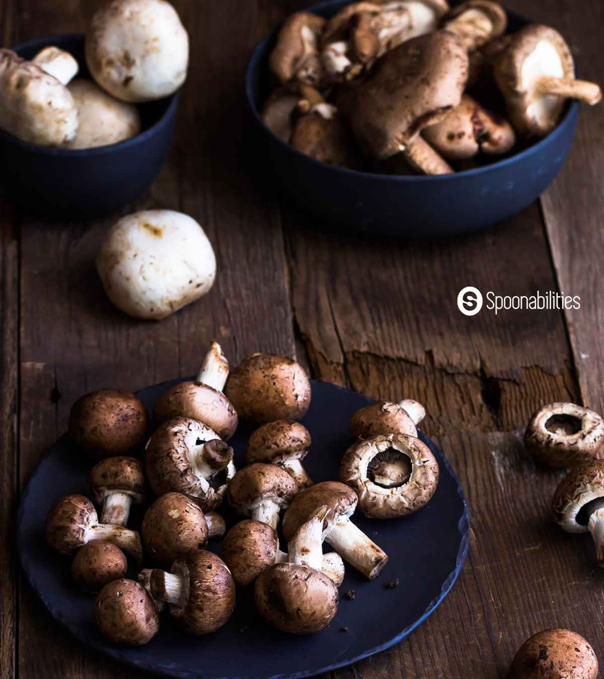 Shiitake mushrooms, cremini mushrooms and white mushrooms on a blue plate and wood table