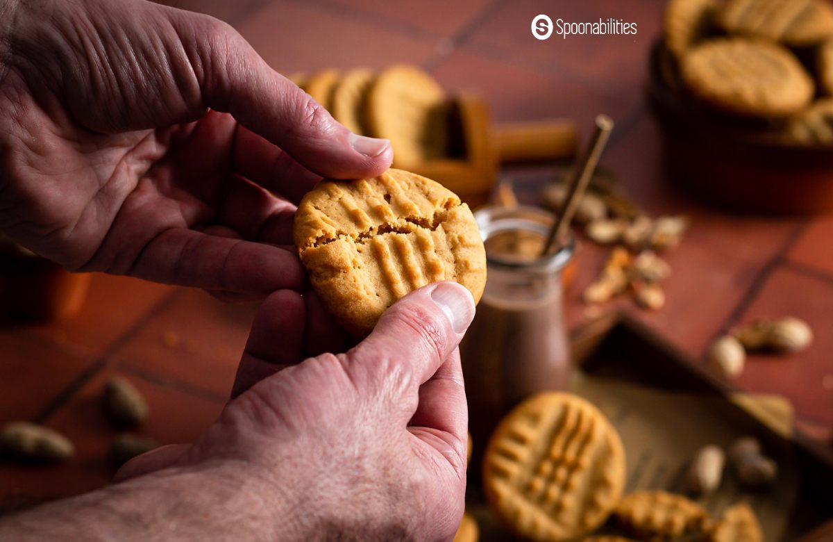 Peanut butter cookie broken in half using two hands