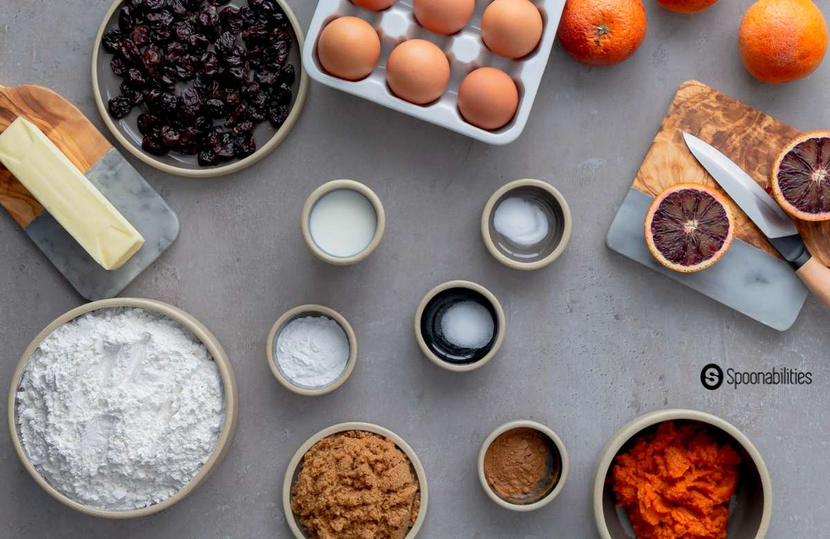 Dried cherries, eggs, blood oranges, butter, flour, pumpkin puree and other baking ingredients