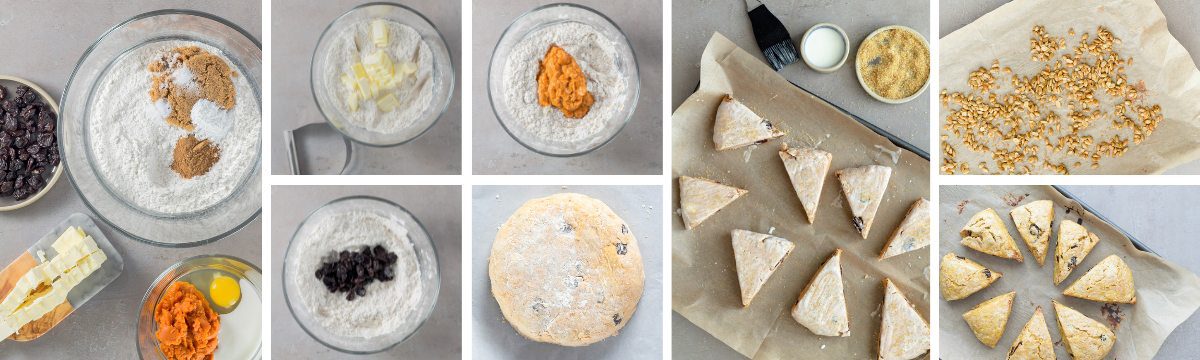 Procedure in baking pumpkin scones: Mix, Knead, Cut, Baste and Bake