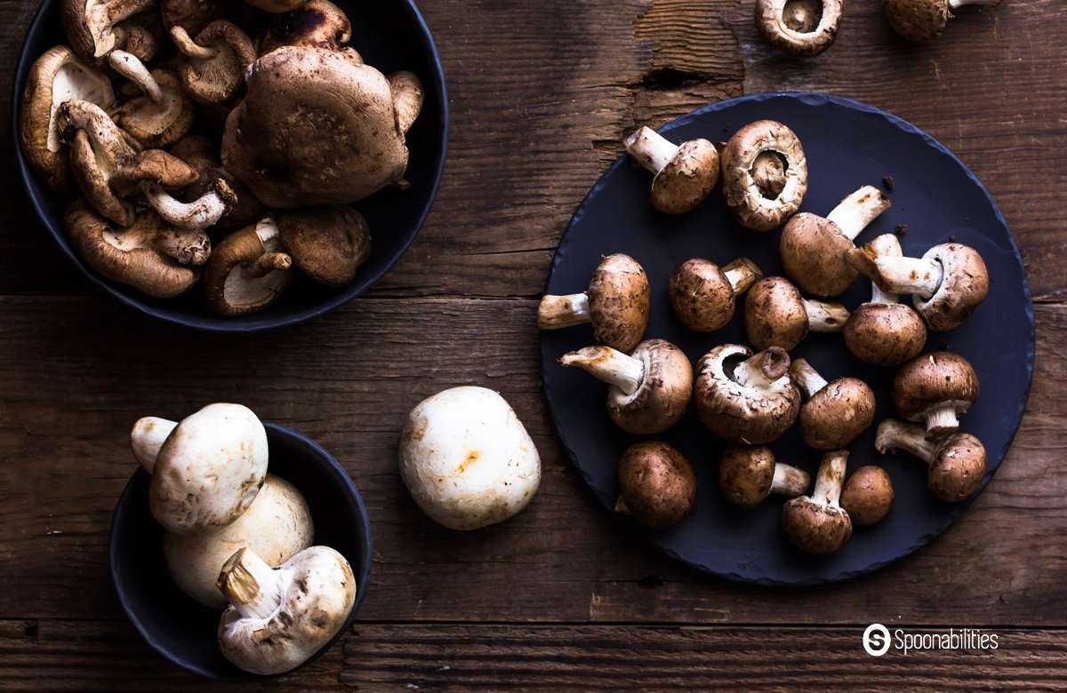 top view of shiitake, cremini and white mushrooms placed separately in blue plates