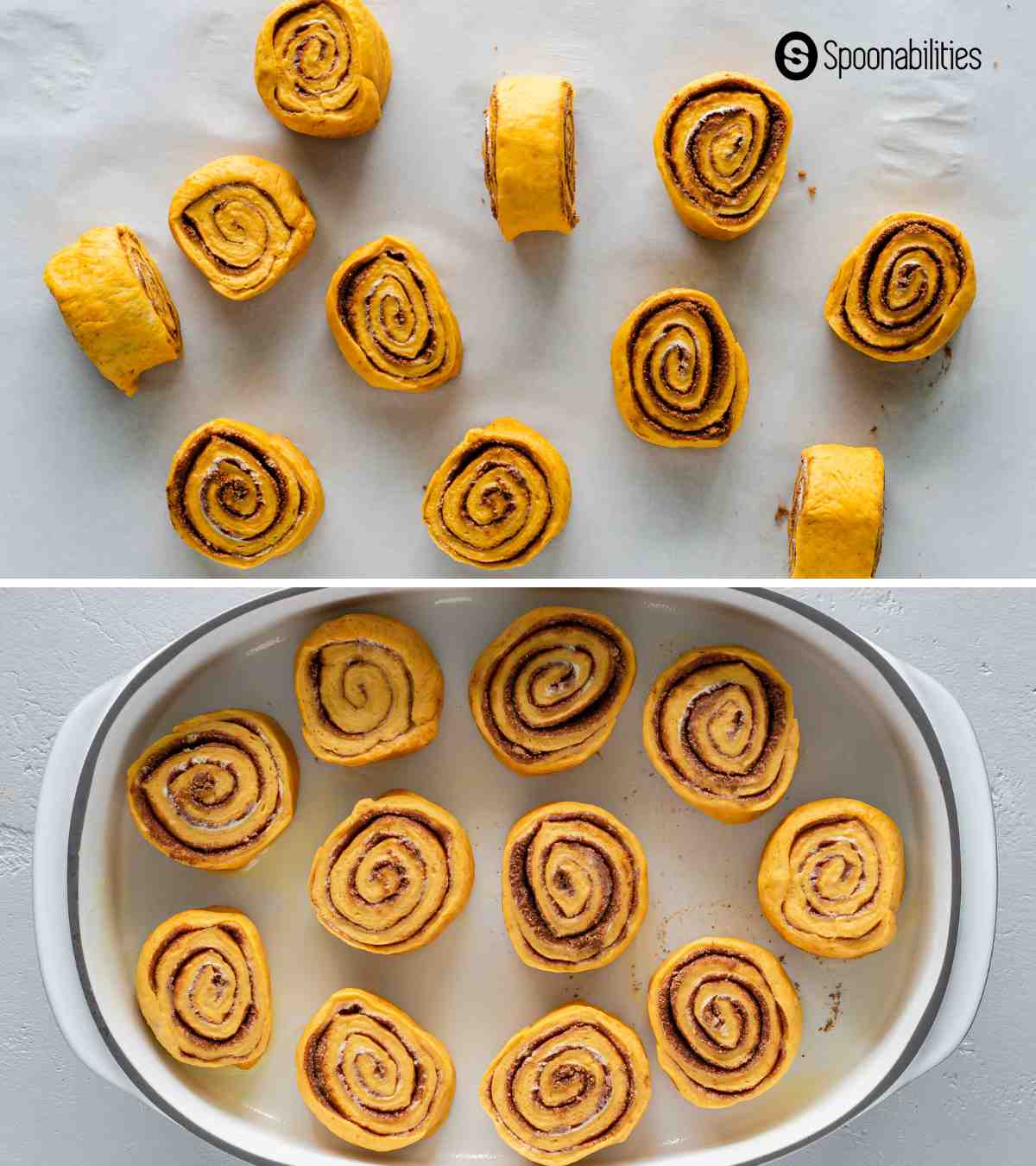 cinnamon rolls cut up and placed in baking dish