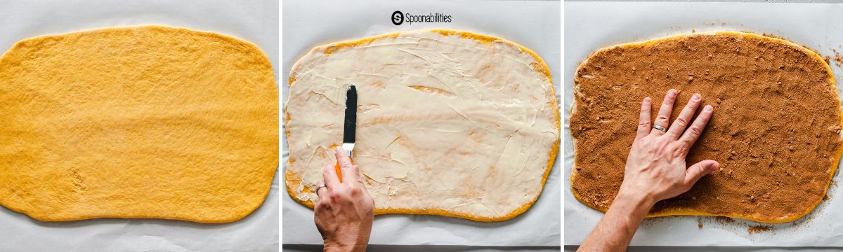 flatten the dough, spread filling and cinnamon sugar