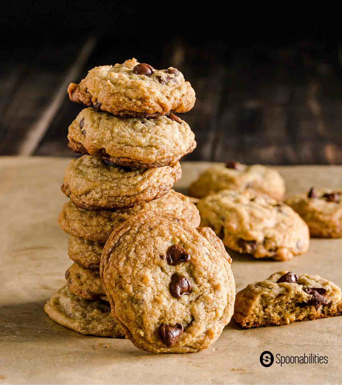 Choco chip cookies stacked on top of each other