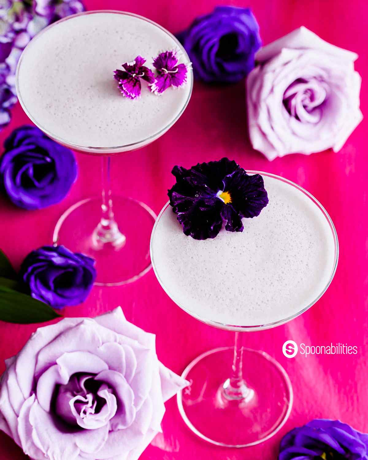 Top view of gin violette cocktail showing the rich white froth and flower garnish