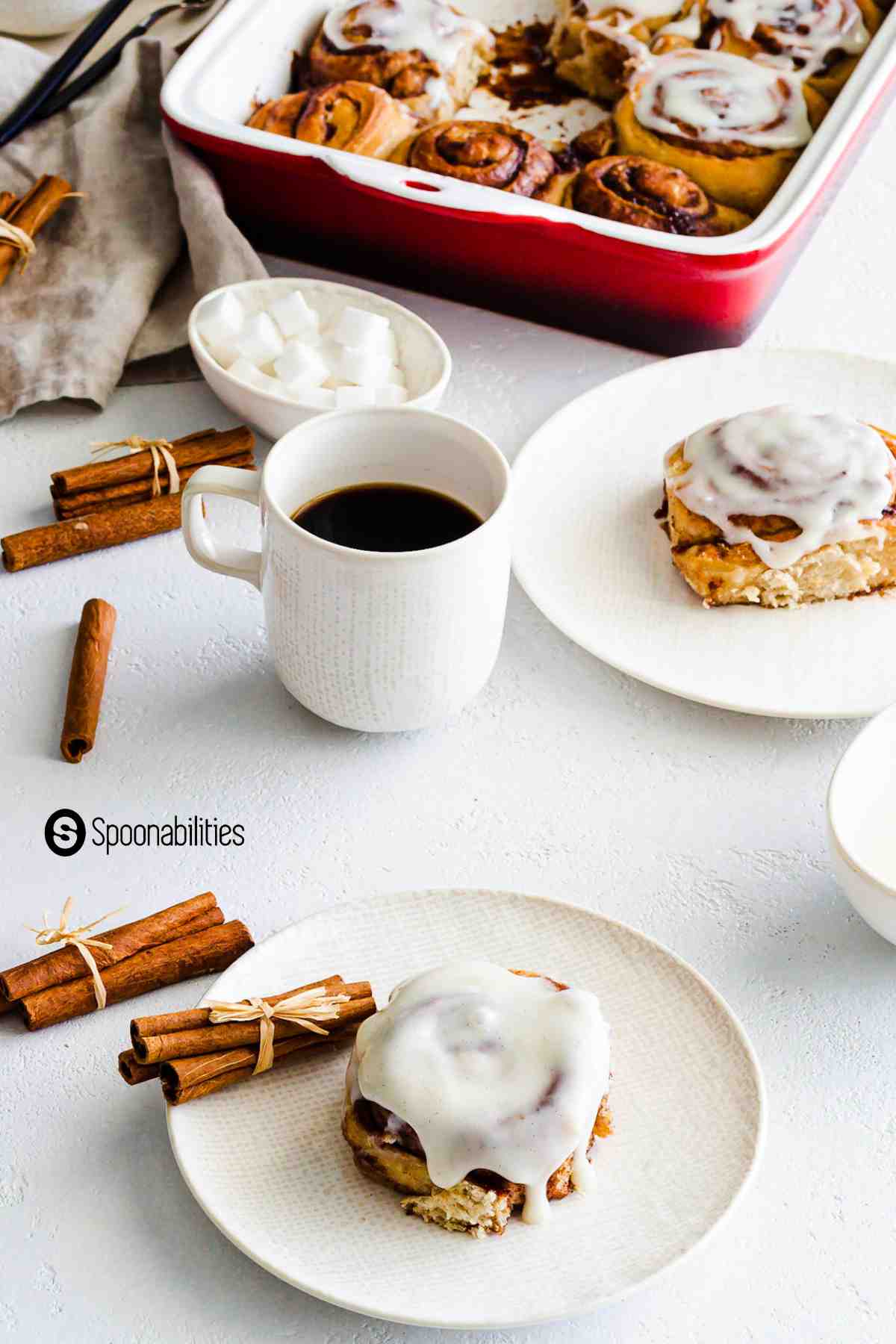 cinnamon rolls served with black coffee