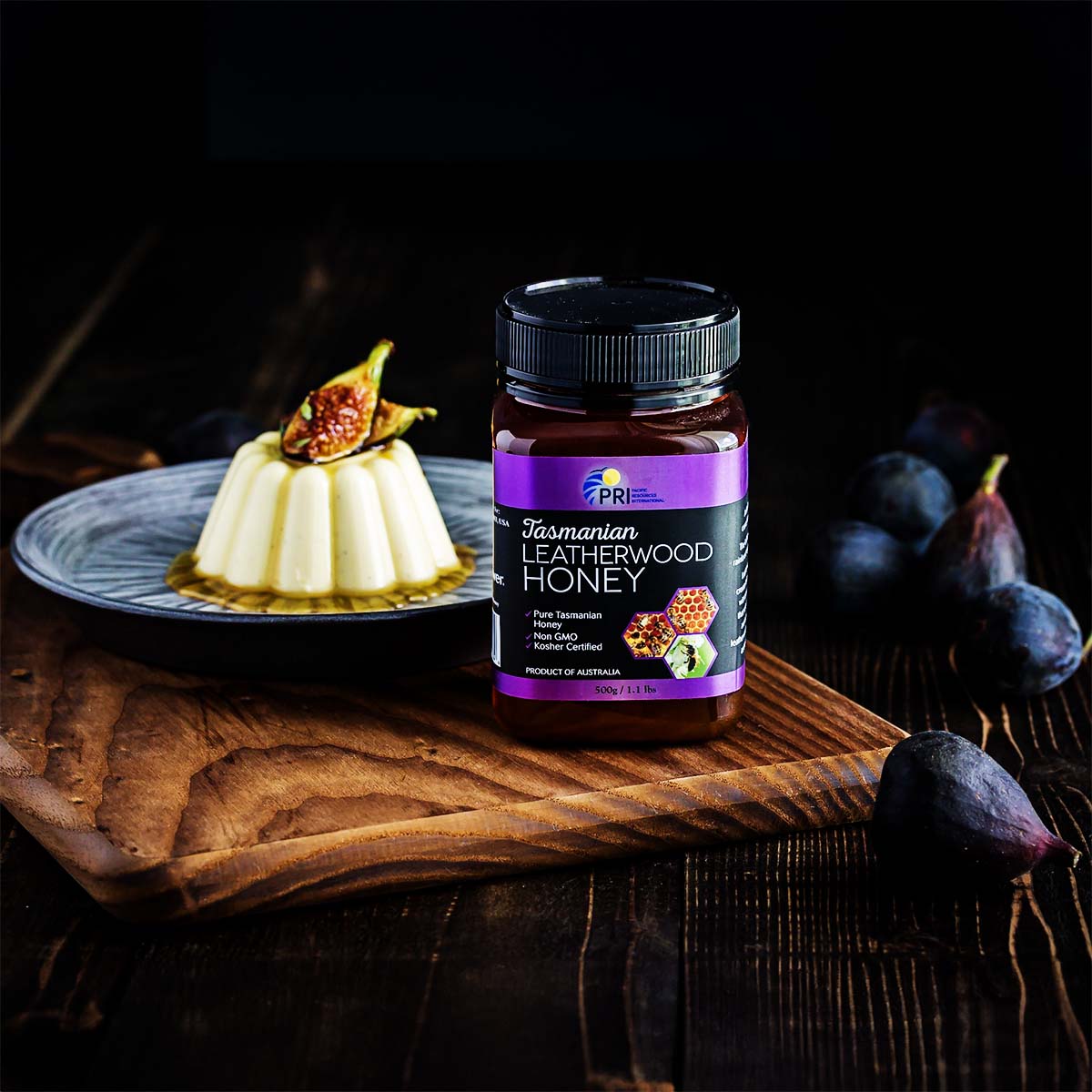panna cotta topped with fresh fig for honey styled product photo by Carlos Leo